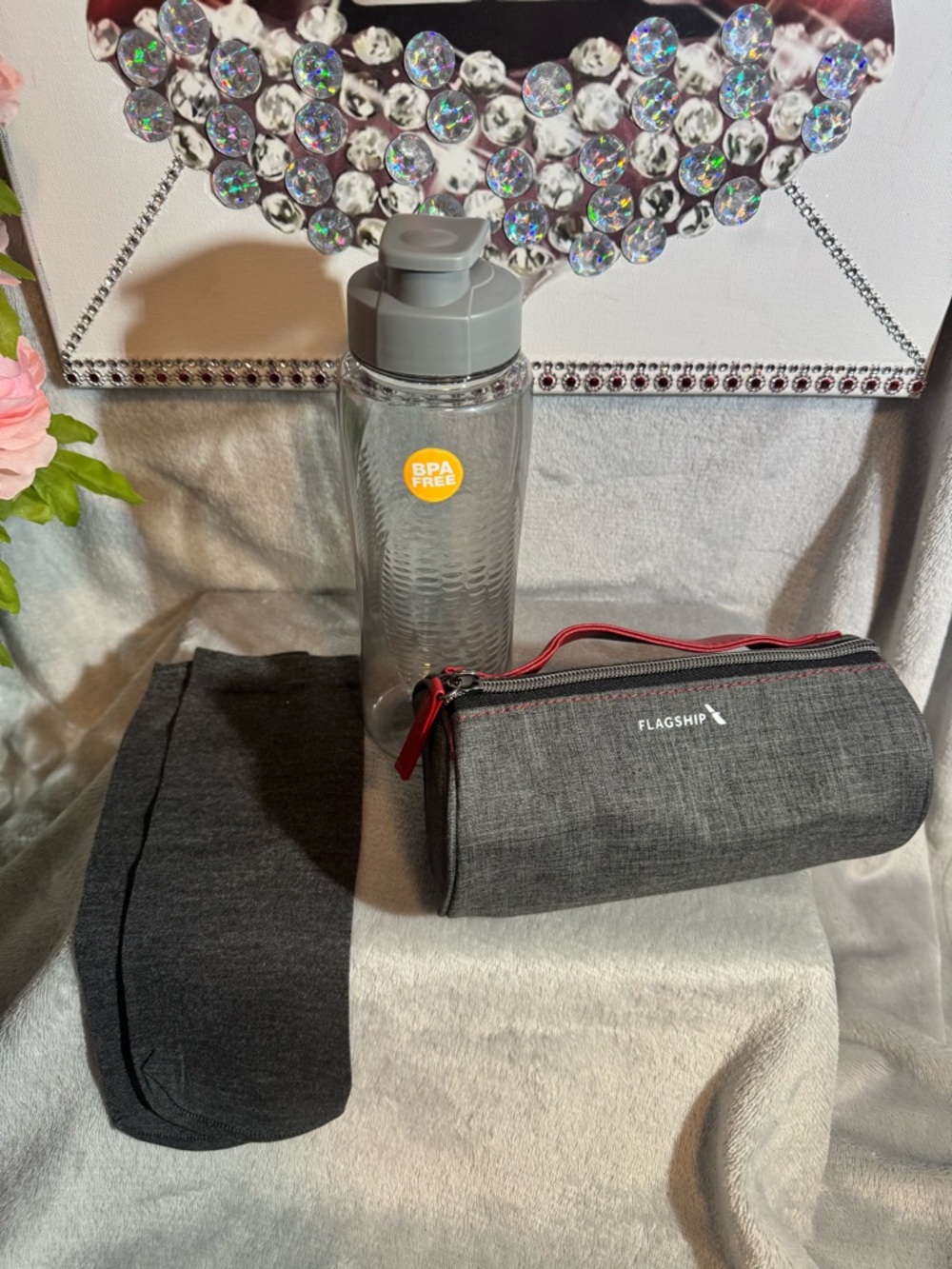 Gray Flagship Pencil Case with Gray BPA-Free Water Bottle/socks Bundle